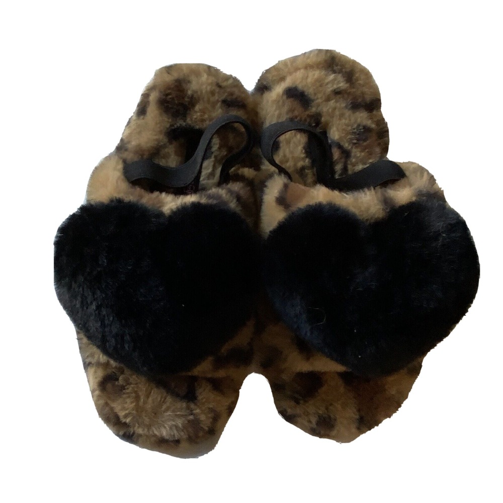 Kensie Girl Large L 2/3 Animal Print Slippers Heart Slingback Open Toe Faux Fur